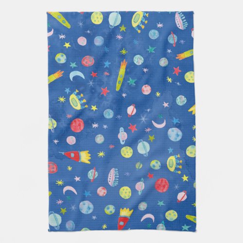 Outer Space Universe UFO Planet Watercolor Pattern Kitchen Towel