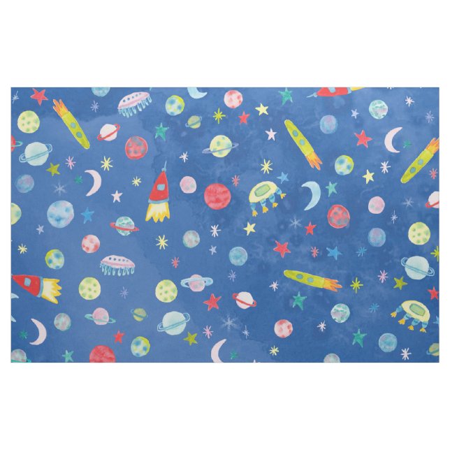 Outer Space Universe UFO Watercolor Pattern Fabric (Fat Quarter)