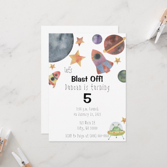 Outer Space Watercolor Birthday Invitation (Front/Back In Situ)