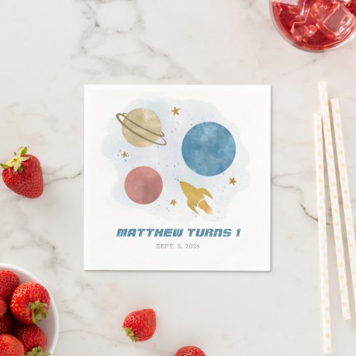 Outer Space Watercolor Planet Boys 1st Birthday Napkins