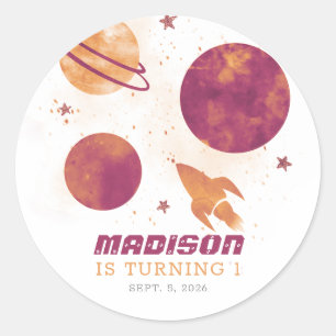 Outer Space Watercolor Planet Girl 1st Birthday Classic Round Sticker