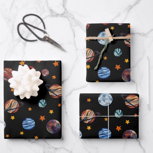 Outer Space Watercolor Planets and Stars  Wrapping Paper Sheets