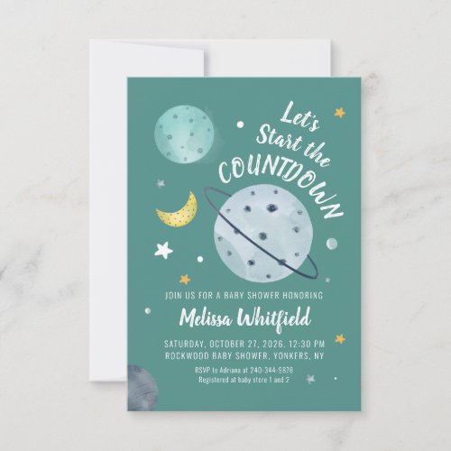 Outer Space Watercolor Script Planets Baby Shower Invitation
