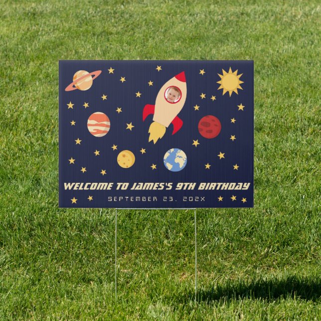 Outer Space Welcome Boy Birthday Planets Rocket  Sign (Insitu)