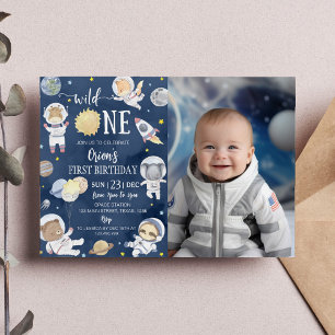 Outer Space Wild One Safari 1st Birthday Photo Invitation