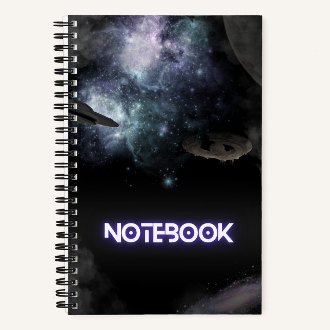 Outer Space with UFO and Flying Saucer  Notebook (Front)