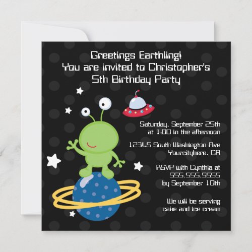 Outerspace alien boy's birthday party invitation