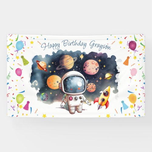 Outerspace Astronaut Planets Happy Birthday Banner