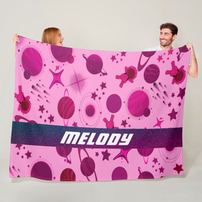 outerspace planet galaxy moon and stars pattern fleece blanket (In Situ)