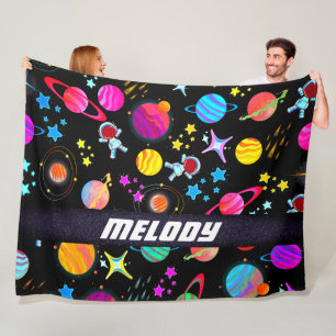 outerspace planet galaxy moon and stars pattern fleece blanket