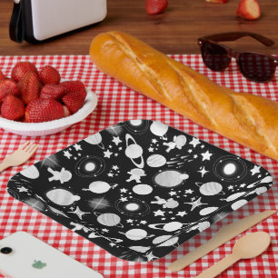 outerspace planet galaxy moon and stars pattern paper plates
