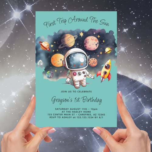 Outerspace Planets Aqua First Birthday Invitation