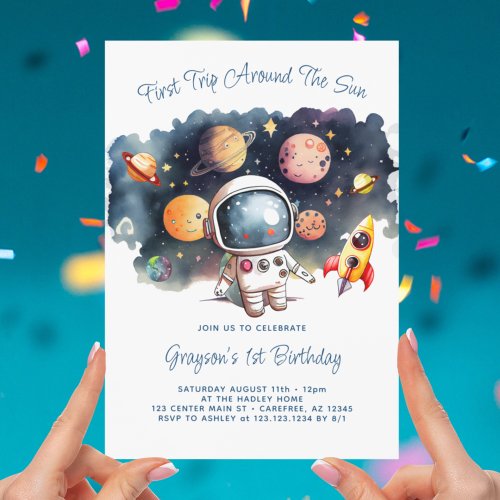 Outerspace Planets Astronaut First Birthday Invitation