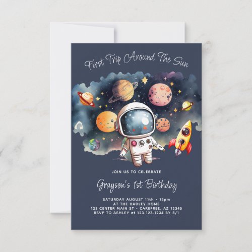 Outerspace Planets Blue 1st Birthday Invitation
