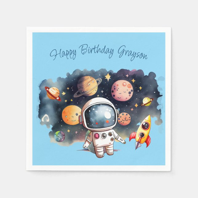 Outerspace Planets Blue Birthday Napkins (Front)