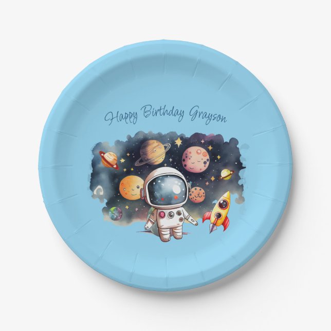 Outerspace Planets Blue Birthday Paper Plates (Front)