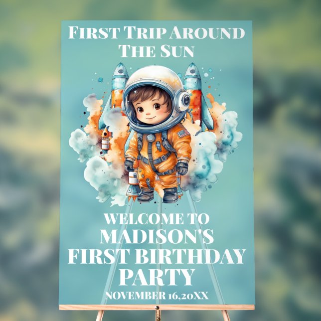 Outerspace Planets Blue Boy First Birthday Welcome Acrylic Sign (Neutral)