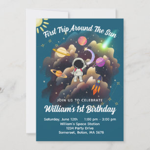 Outerspace Planets Blue First Birthday Invitation