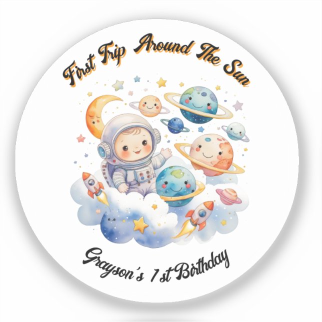 Outerspace Planets Blue First Birthday  Sticker (Front)