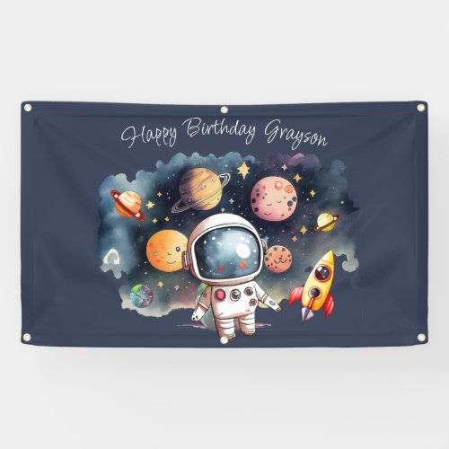 Outerspace Planets Blue Happy Birthday Banner