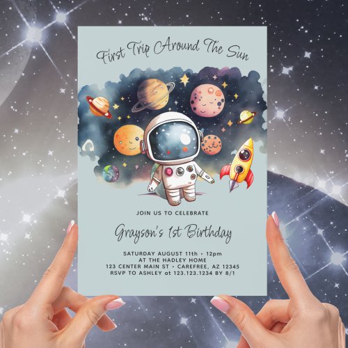 Outerspace Planets Dusty Blue First Birthday Invitation