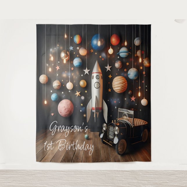 Outerspace Planets First Birthday Selfie Station Tapestry (Front)