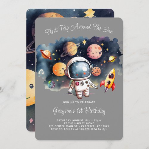 Outerspace Planets Gray First Birthday Invitation