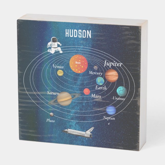 Outerspace Solar System Astronaut Spaceship Pluto Wooden Box Sign (Angled Horizontal)