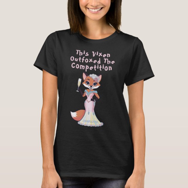 Outfoxed By Vixen | Bachelorette Fox Pun Black T-Shirt (Front)