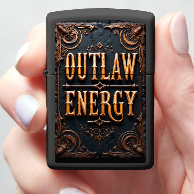 Outlaw Energy Embossed Gold Text Zippo Lighter (In Hand)
