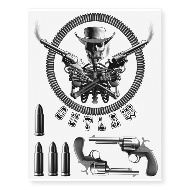 Outlaw Skeleton Guns Temporary Tattoos (Front)