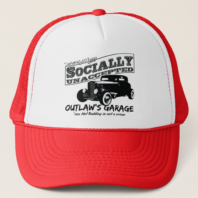 Outlaw's Garage. Socially unaccepted Hot Rods Trucker Hat (Front)