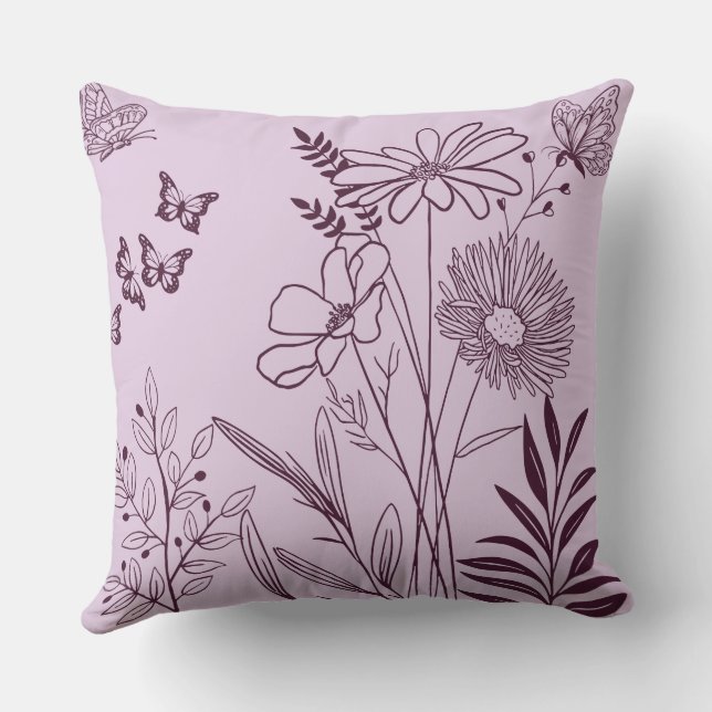 Outline Aesthetic Flowers And Butterflies Throw Pillow (Back)