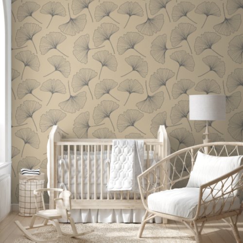 Outline Boho Blue Ginkgo Biloba Leaves Wallpaper