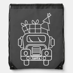 Outline Christmas truck Santa car front view Drawstring Bag