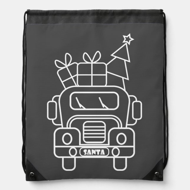 Outline Christmas truck Santa car front view Drawstring Bag (Front)