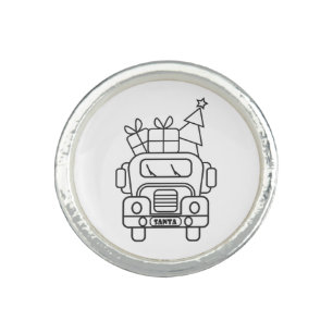 Outline Christmas truck Santa car front view Ring