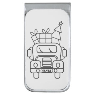 Outline Christmas truck Santa car front view Silver Finish Money Clip