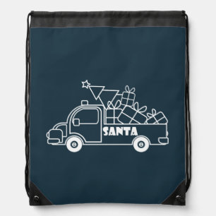 Outline Christmas truck Santa car side view Drawstring Bag