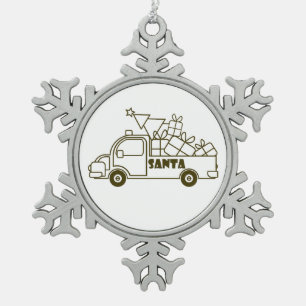 Outline Christmas truck Santa car side view Snowflake Pewter Christmas Ornament