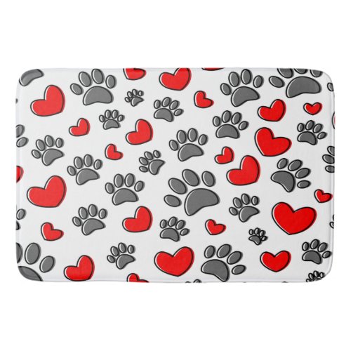 Outline Dog Paw Prints And Red Hearts Bath Mat