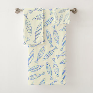 Outline Doodle Blue Sardine Fish Pattern Bath Towel Set