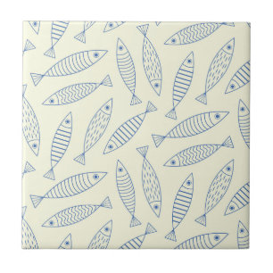 Outline Doodle Blue Sardine Fish Pattern Ceramic Tile