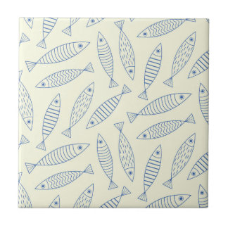 Outline Doodle Blue Sardine Fish Pattern Ceramic Tile