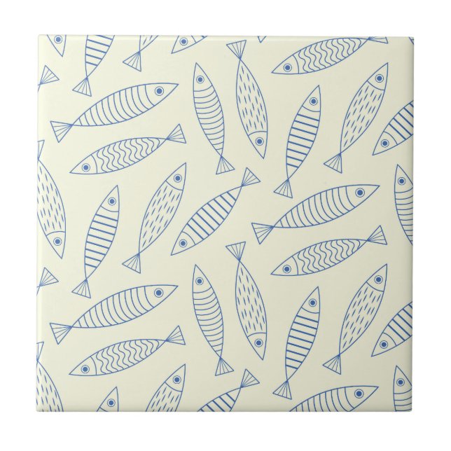 Outline Doodle Blue Sardine Fish Pattern  Ceramic Tile (Front)