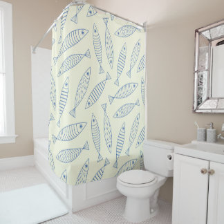Outline Doodle Blue Sardine Fish Pattern Shower Curtain