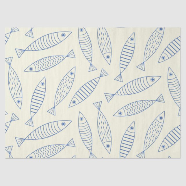 Outline Doodle Blue Sardine Fish Pattern  Tissue Paper (Front)