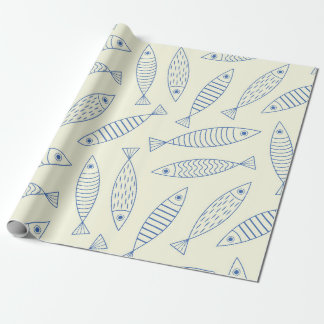 Outline Doodle Blue Sardine Fish Pattern Wrapping Paper