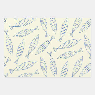 Outline Doodle Blue Sardine Fish Pattern Wrapping Paper Sheets