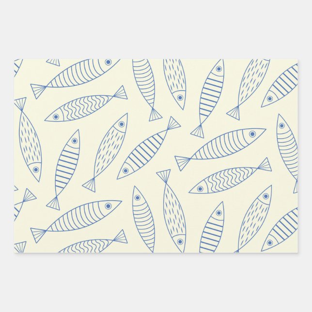 Outline Doodle Blue Sardine Fish Pattern  Wrapping Paper Sheets (Front)